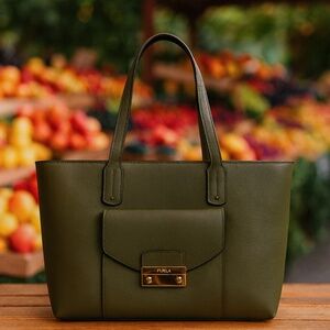 NEW FURLA Julia Salvia Sage Green Pebbled Leather Large Tote Bag - Made in Italy